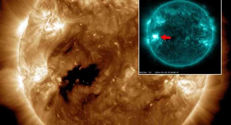 Brillamento solare di classe M7.48 e buco coronale tempesta magnetica in arrivo sulla Terra